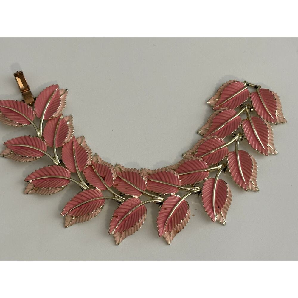 Vintage Charel Bracelet Pink Enamel Gold Tone Leaves